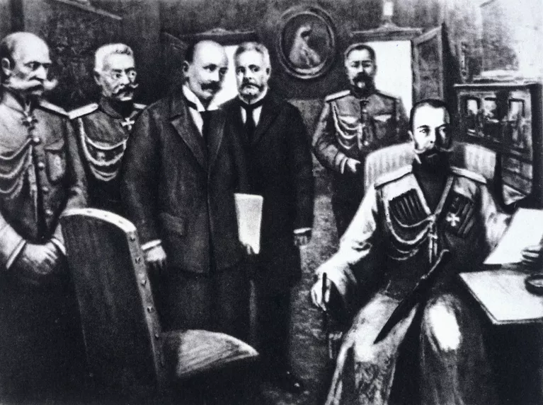 Отречение императора России Николая II в ночь на 3 марта 1917 года. В царском вагоне (слева направо): министр императорского двора Владимир Борисович Фредерикс, генерал Николай Владимирович Рузский, депутаты Госдумы Василий Витальевич Шульгин и Александр Иванович Гучков, император Николай Второй. Отречение императора России Николая II в ночь на 3 марта 1917 года. В царском вагоне (слева направо): министр императорского двора Владимир Борисович Фредерикс, генерал Николай Владимирович Рузский, депутаты Госдумы Василий Витальевич Шульгин и Александр Иванович Гучков, император Николай Второй.
