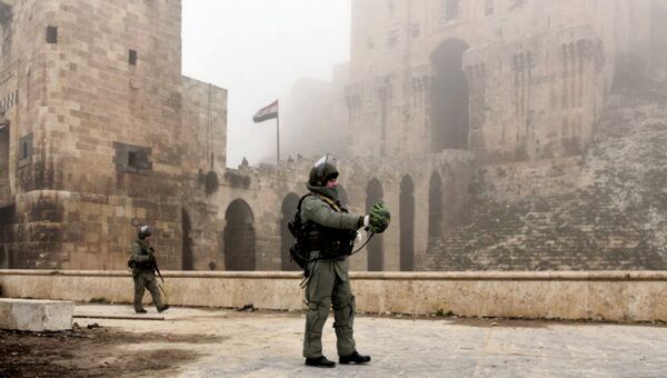 Военнослужащий во время разминирования исторической Цитадели древней крепости Алеппо. Архивное фото