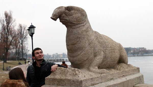 Молодые люди у скульптуры морского слона работы Германа Тиле, похожей на персонажа интернет-мема Ждуна, на Верхнем озере в Калининграде