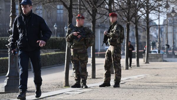 Сотрудники полиции и военные возле здания Лувра в Париже, Франция. Архивное фото