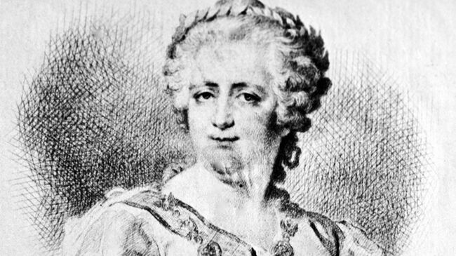 Екатерина II (1729 - 1796). Гравюра - заметка В. Боброва на портрете Петра I с картины Д. Левицкого из коллекции Государственного исторического музея.