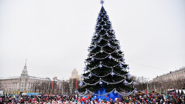 Участники парада Дедов Морозов во время празднования на центральной площади Воронежа. Архивное фото