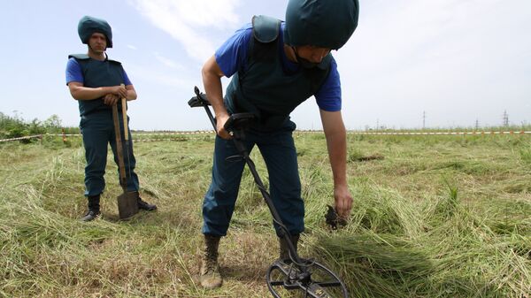 Саперы МЧС ДНР обследуют с миноискателем участок поля в районе города Дебальцево. Архивное фото