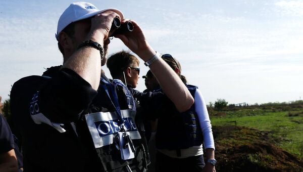 Наблюдатели ОБСЕ в селе Петровское во время отвода сил бойцов подразделений Донецкой народной республики