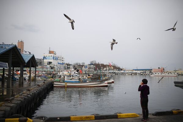 Мужчина на причале рыболовных судов в городе Jumulli, Республика Корея