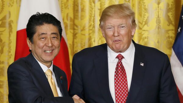 Президент США Дональд Трамп и премьер-министр Японии Синдзо Абэ на пресс-конференции по итогам переговоров