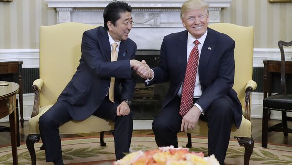 Президент Дональд Трамп с премьер-министром Японии Синдзо Абэ в Овальном кабинете Белого дома в Вашингтоне, 10 февраля 2017