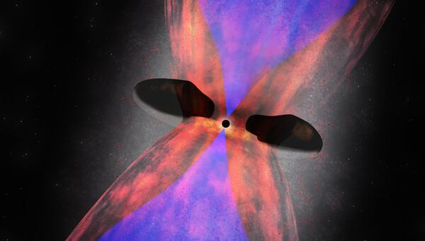 Черная дыра-феникс в скоплении галактик SPT-CLJ2344-4243. Красным отмечены потоки газа, возвращающиеся в галактику