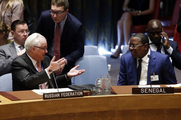Постоянный представитель России при ООН Виталий Чуркин и министр иностранных дел Сенегала Манкур Ндиайе перед началом заседания Совета Безопасности