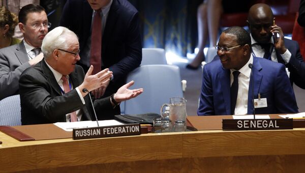 Постоянный представитель России при ООН Виталий Чуркин и министр иностранных дел Сенегала Манкур Ндиайе перед началом заседания Совета Безопасности