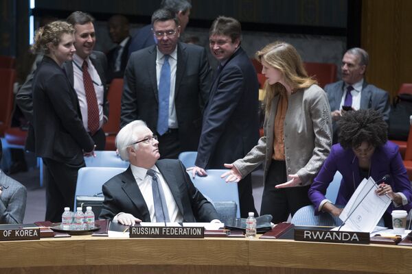 Постоянный представитель России при ООН Виталий Чуркин и спецпредставитель США при ООН Саманта Пауэр перед заседанием Совета Безопасности