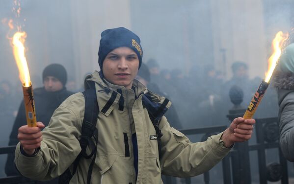 Представители националистических организаций во время митинга в центре Киева. 22 февраля 2017
