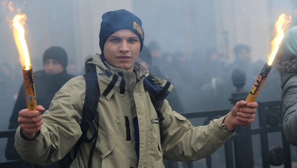 Представители националистических организаций во время митинга в центре Киева. 22 февраля 2017