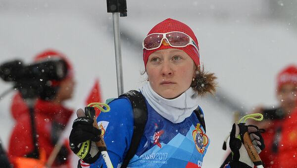 Анастасия Евсюнина (Россия) во время тренировки биатлонистов на III Всемирных зимних военных играх в Сочи