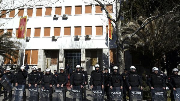Сотрудники полиции Черногории возле здания парламента во время антиправительственных протестов в Подгорице. 15 февраля 2017