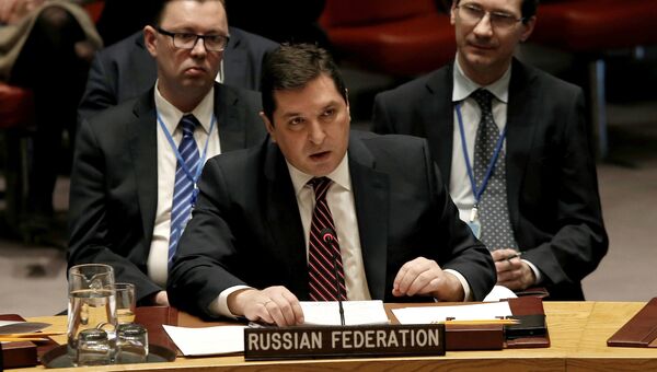 Заместитель постпреда РФ при ООН Владимир Сафронков во время заседания Совета безопасности ООН