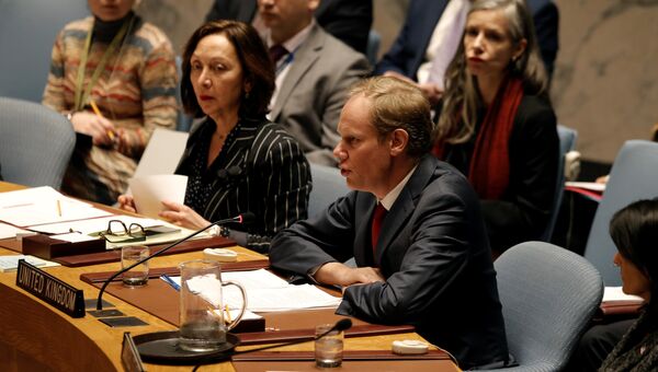Постоянный представитель Соединенного Королевства при ООН Мэтью Райкрофт во время заседания Совета безопасности ООН. 28 февраля 2017