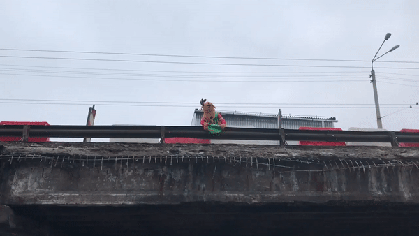 Человек в костюме оленя починил киевский мост скотчем и подорожником