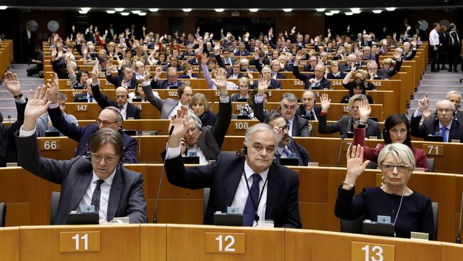 Члены Европейского парламента голосуют за снятие парламентского иммунитета с лидера партии Национальный фронт Марин Ле Пен. 2 марта 2017