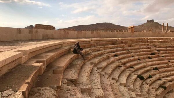 Военнослужащий на территории историко-архитектурного комплекса Древней Пальмиры в сирийской провинции Хомс