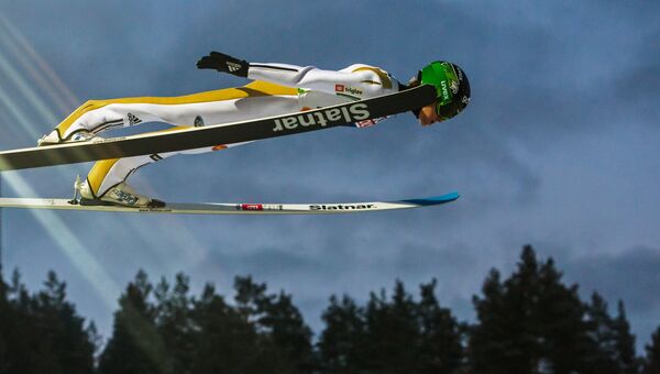 Петер Превс (Словения) в командных соревнованиях среди мужчин по прыжкам с большого трамплина на чемпионате мира по лыжным видам спорта Lahti2017 в финском Лахти