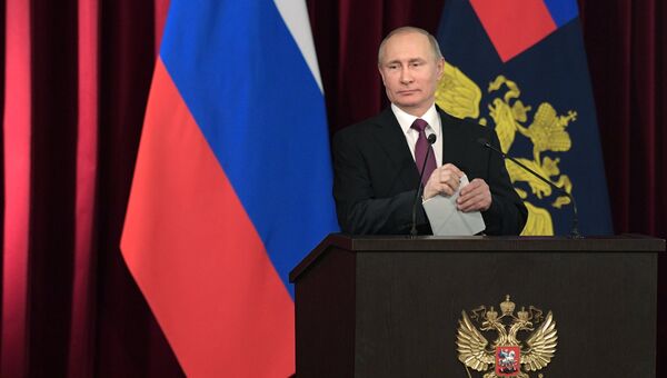 Президент РФ Владимир Путин выступает на расширенном заседании коллегии МВД России. 9 марта 2017