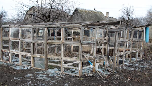 Теплица в жилом секторе, поврежденная в результате обстрелов в поселке Луганское Донецкой области. Архивное фото