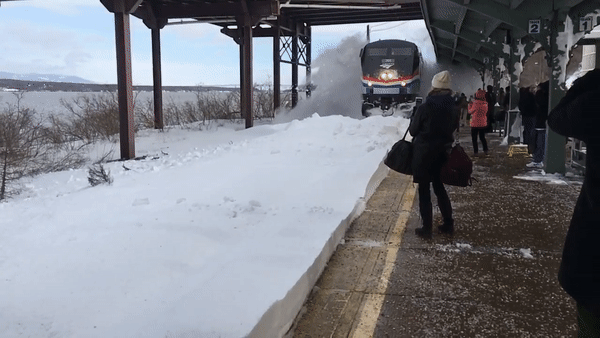 В США поезд засыпал снегом людей на перроне. Скриншот