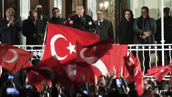 Министр иностранных дел Турции Мевлют Чавушоглу выступает во время предвыборного митинга накануне турецкого референдума в Гамбурге, Германия, 7 марта 2017 года