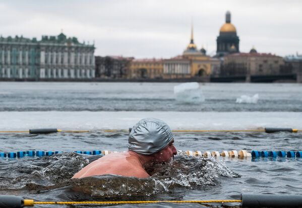 Участник международного заплыва Возрождение традиции зимнего плавания в Петропавловской крепости Санкт-Петербурга