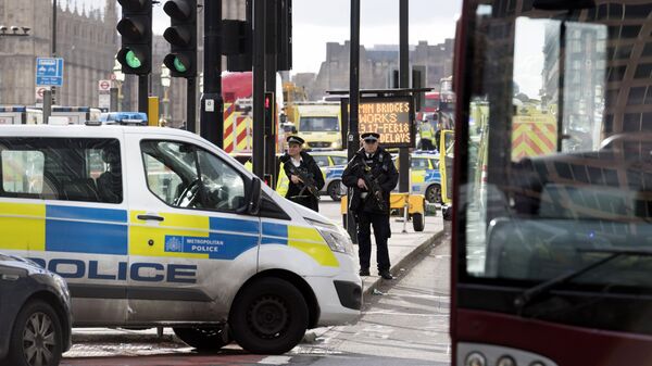 Сотрудники полиции стоят в оцеплении неподалеку от здания британского парламента