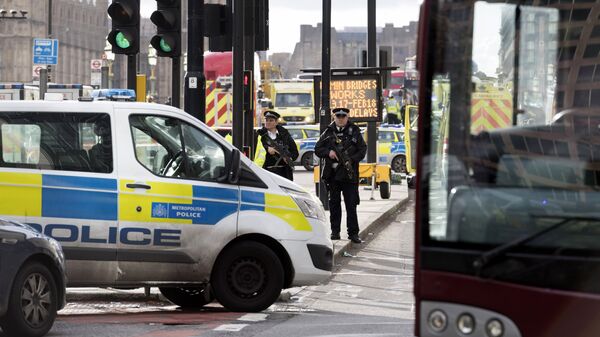 Сотрудники полиции стоят в оцеплении неподалеку от здания британского парламента