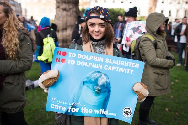 Актриса Мейси Уильямс на марше в Лондоне против ежегодной бойни дельфинов в японском городе Тайцзи