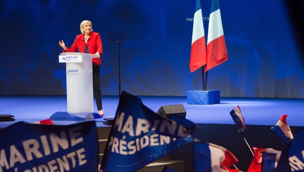 Лидер политической партии Франции Национальный фронт, кандидат в президенты Франции Марин Ле Пен выступает на митинге своих сторонников в Лилле