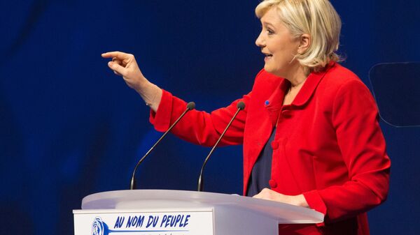 Лидер политической партии Франции Национальный фронт, кандидат в президенты Франции Марин Ле Пен выступает на митинге своих сторонников в Лилле