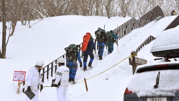 Спасатели в поисках пропавших людей после схода лавины возле горнолыжного курорта в городе Насу. Япония, 27 марта 2017
