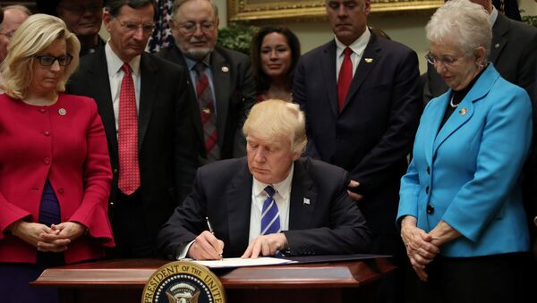 Президент США Дональд Трамп подписывает документы в Белом доме. 27 марта 2017 года