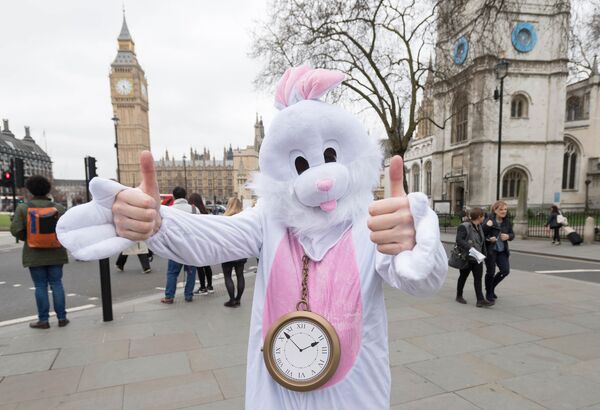 Человек в костюме Белого Кролика у здания Парламента в Лондоне во время акции протеста против выхода Великобритании из Европейского Союза