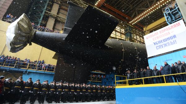 Торжественная церемония спуска на воду атомного подводного крейсера Казань ВМФ России в Северодвинске