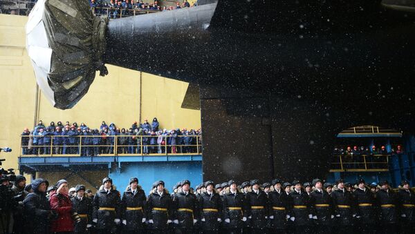 Торжественная церемония спуска на воду атомного подводного крейсера Казань ВМФ России в Северодвинске. 31 марта 2017