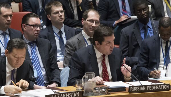 Заместитель постпреда РФ при ООН Владимир Сафронков на заседании Совбеза ООН по Сирии
