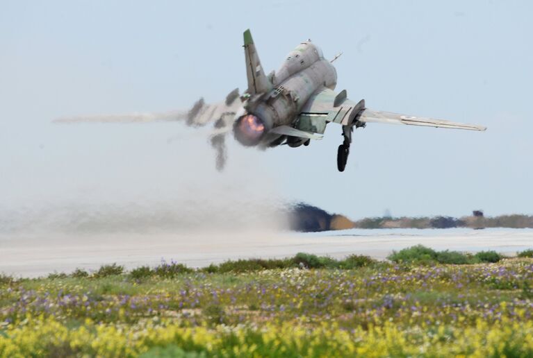 Самолет сирийских военно-воздушных сил на аэродроме Шайрат 8 апреля 2017. Сирийские ВВС возобновили вылеты с аэродрома спустя сутки после ракетного удара США