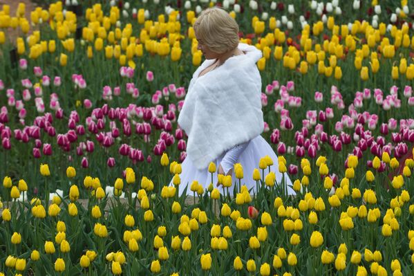 Посетительница на открытии выставки Парад тюльпанов в Никитском ботаническом саду в Крыму
