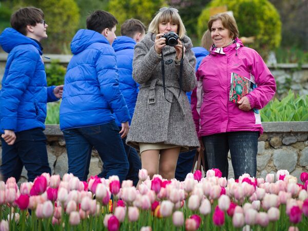 Посетители фотографируют цветы на открытии выставки Парад тюльпанов в Никитском ботаническом саду в Крыму