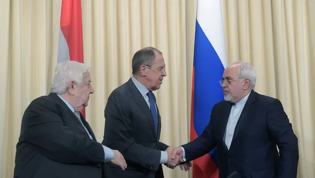 Пресс-конференция глав МИД России, Ирана и Сирии Сергея Лаврова, Мухаммада Зарифа и Валида Муаллема. 14 апреля 2017