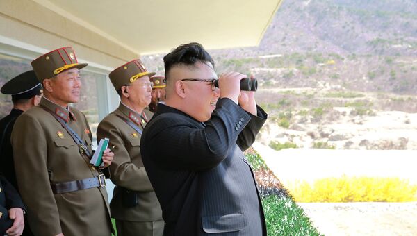 Лидер Северной Кореи Ким Чен Ын следит за тренировкой военнослужащих Корейской Народной Армии. 13 апреля 2017 года