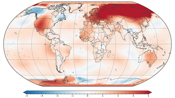 Карта Земли с температурными аномалиями в марте