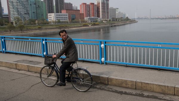 Мужчина едет на велосипеде по одному из мостов в Пхеньяне