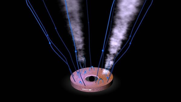 Выбросы черной дыры в центре галактики M87 в представлении художника