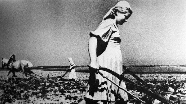Женщины распахивают землю в годы Великой Отечественной войны